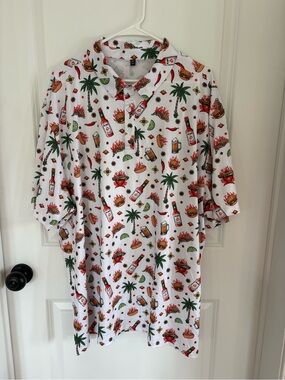 Men's White Tropical Print Top with Palm & Hot Sauce Motif